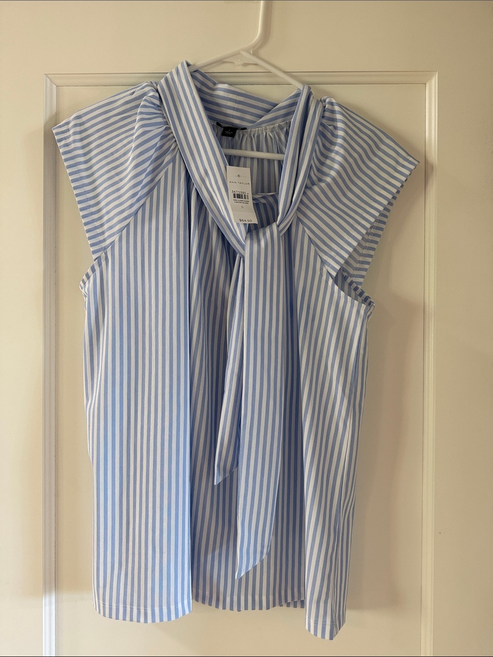 Ann Taylor Blue and White Striped Tie-Neck Sleeveless Blouse